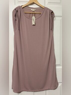 Mystree Mauve Purple Soft Knit Dress Cinch Tie Shoulders Pockets NWT Women’s L